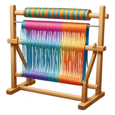 Create an icon that represents the hobby of weaving. The design should include a loom, threads, and a partially woven fabric. The loom should be the central focus, with visible threads being woven into a colorful pattern. The composition should feel balanced and harmonious, reflecting the intricate, creative nature of weaving. The background should be transparent. sticker