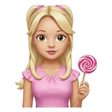 Emma Bunton with long blonde ponytails wearing light pink body dress holding a lollipop sticker