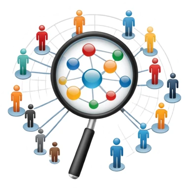 An icon featuring a group of diverse people, a social network diagram, and a magnifying glass, symbolizing sociology. The design includes charts and interconnected lines, representing the study of societies, relationships, and social behavior. Transparent background highlights social analysis. sticker