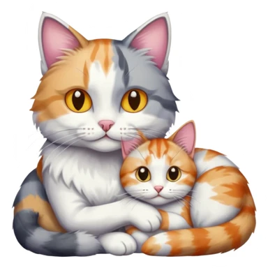 grey and white cat cuddling a colourful light patched calico + white tabby cat sticker