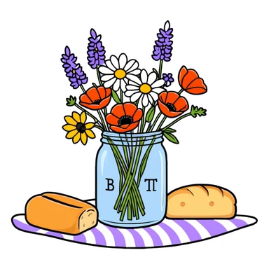wildflower bouquet with daisies, poppies and lavender arranged in a mason jar on a picnic blanket with bread and fruit sticker