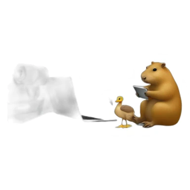 Capybara with a Macbook in the bathroom, around a duck sticker