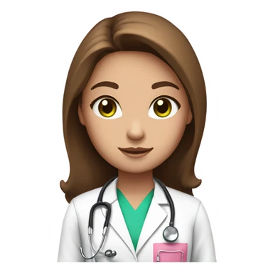 girl with long brown  hair green eyes in pink scrubs, white doctor coat, stethoscope  sticker
