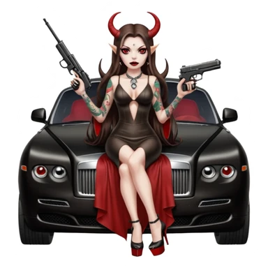 Lilith model red eye sexy black  devil horns.  long brown haired sexy succubus woman with leather long dress slit, sitting on rolls Royce. Wearing Black Platform high heels on feet. Tattoo sleeve arms, dead human skull of her ex skull is on top of stack of cash and a gun in  hand sticker