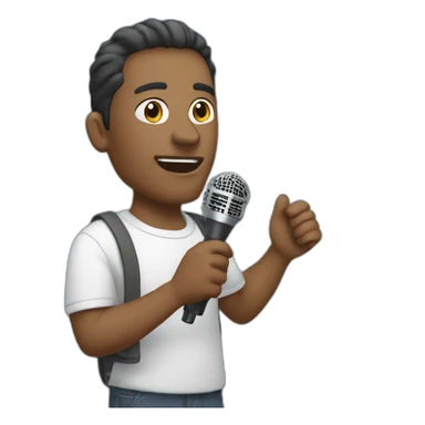 a man holds a microphone in his hand, above him is a cloud with text sticker
