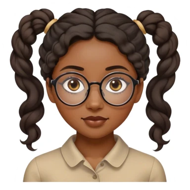femme de 20 ans noire métissée avec les cheveux bouclés et ondulés, le visage ovale et des lunettes semi rondes et les yeux en amande cheveux plus long et moins gonflés et noir foncé et attaché en queue de cheval  plaqués avec une raie au milieu  sticker