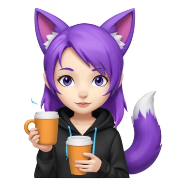 chibi fox girl with purple hair , purple fox ears, purple fox tail, black hoodie, blue eyes with head phones around her neck and white shorts, generate her looking smug holding a large coffee cup sticker
