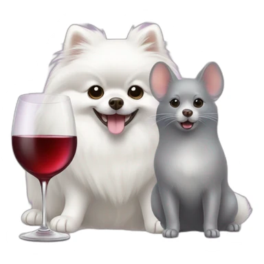 a white pomeranian and a gray mouse drink wine sticker