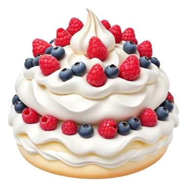 Cinematic Realistic Pavlova Dessert Emoji, showcasing a delicate meringue dessert topped with fresh fruit rendered with lifelike texture and soft natural lighting. sticker