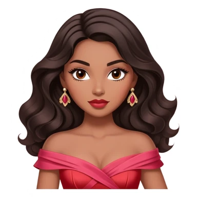 A woman with darker almond-toned skin, more voluminous dark hair in waves, expressive eyes with soft lashes and shimmer, full lips with a glossy nude-pink color, wearing a red dress and a white crossbody sash with “Miss San Juan” in black letters, exuding elegance and confidence sticker