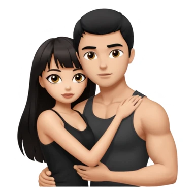 generate a pretty bratz girl in black cami top, dark brown straight long hair with bangs, eyeliner on, 

hugging a handsome muscular boy with black hair and a grey tshirt sticker