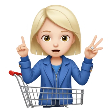 impulsive shopper: tiny face with excited eyes, finger on ‘buy’ button, small fast shopping cart with motion lines sticker