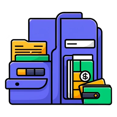 Closed folder icon with small symbols floating around: bank building, credit card, calculator, and document – organized financial archive sticker