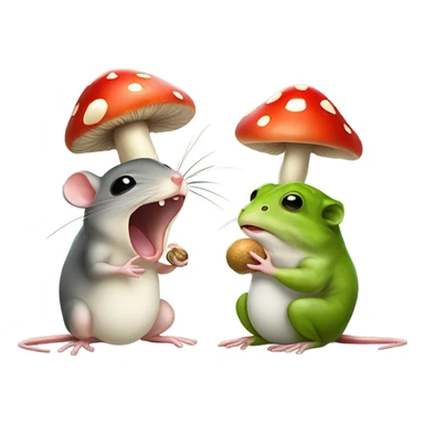Tiny mouse opening his mouth larger than possible to eat the cap of a mushroom that is also attached to its stem, but the frog doesn't want to eat the stem sticker