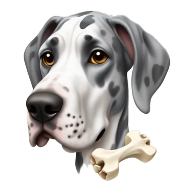 Gray and white harlequin Great Dane with bone sticker