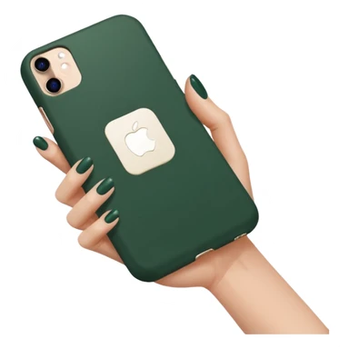 female hand with nude manicure (5 fingers) holding an iPhone in a dark green case, minimalist sticker