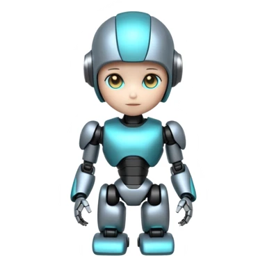 Cute futuristic chibi humanoid robot with large rounded head, add text on chest "LMX", glossy black and grey metal body, glowing cyan and amber eyes, visible joints, confident pose, white background, high-detail 3D render,  sticker