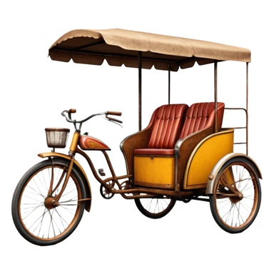 ​Cinematic Realistic Tricycle Rickshaw, depicted as a vintage manually operated vehicle featuring two front wheels and a single rear wheel, rendered with detailed rustic textures, vibrant colors, and dynamic urban lighting that captures its unique design and cultural charm, sticker