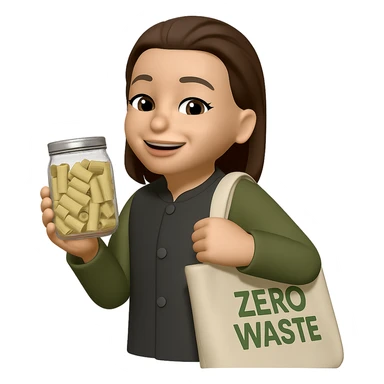 Edit the image to show her shopping in a zero waste store, holding a reusable bag and a glass jar. Keep the same style as the original image. Make the background transparent. sticker