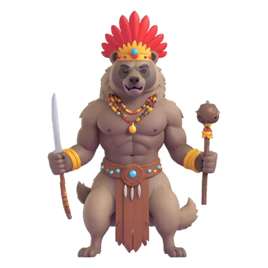 A native strong buff hyena with war bonnet flexing posing full body holding a chopped off human head by the hair  sticker