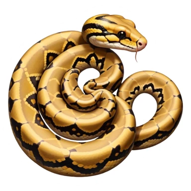 A photo-realistic top-down view of a Ball Python gently coiled into a tight spiral, with its head resting peacefully at the center. Its scales are warm brown with bold, irregular black markings, including the distinctive “alien-head” pattern, flowing smoothly along its body.  sticker
