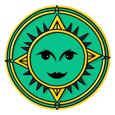 Maya sun symbol hieroglyph with precise geometric shapes, flat design, strictly white and deep green only, sharp angular lines, no curves sticker