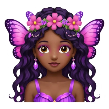 Black girl fairy with long wavy black hair, pink and purplered butterfly wings sparkly sticker