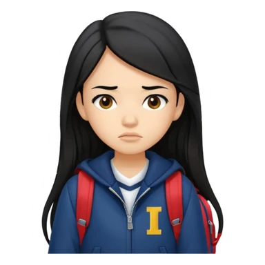 college student with annoyed face , black hair , with navy varsity jacket( initial I) and backpack , girl, long hair,  sticker