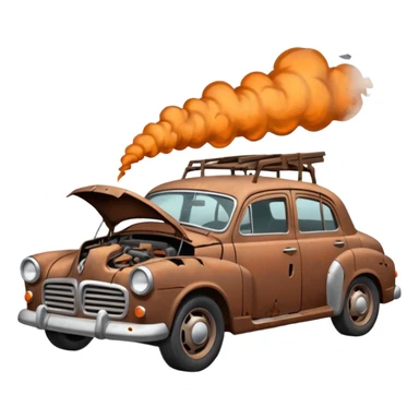 Side view of a broken-down old car with steam from the open bonnet, shattered windows, rusted doors, a flat tire, dents, peeling paint, and a grimy, neglected look. sticker