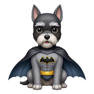 Miniature schnauzer, wearing a Batman suit sticker
