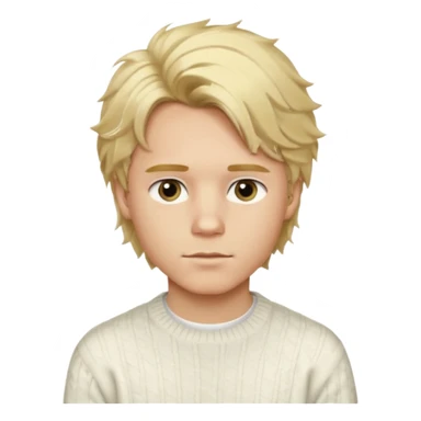 Create a look for a blond boy with long, tousled hair, light eyes, a white sweater, a wealthy appearance, blue eyes, and accessories like a Rolex or Cartier watch, and a cute face with messy hair down. sticker
