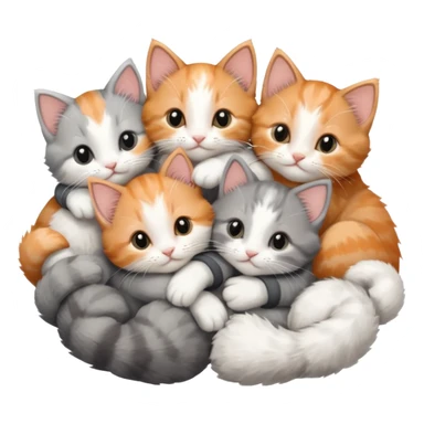 6 tiny kittens cuddling together all various different natural colours including solid grey with white mittens, grey and white, ginger and white, calico and brown and white sticker