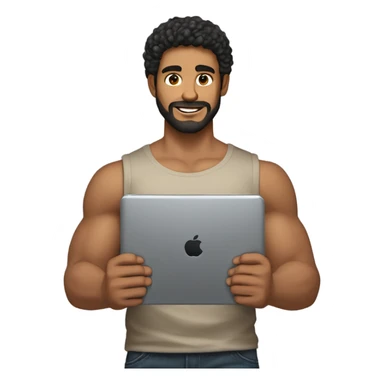 men holding his computer in hands. light brown skin men with curly black hair, dark brown eyes, little grown beard. ust a tiny bit muscular. dressed casual. round face. sticker
