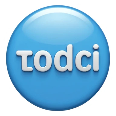 A glossy, three-dimensional emoji pin badge showing the text "TODOC". The font is modern, rounded, sans-serif, and colored in a professional medical blue. The badge has soft edges and reflections, in the style of Apple emojis. White background. sticker