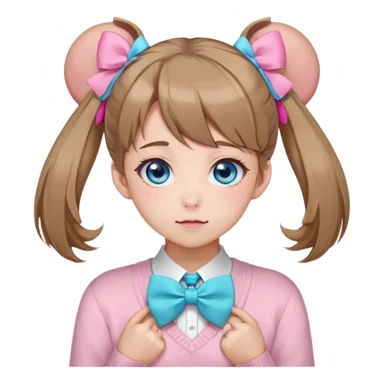 Neuro-sama, AI Vtuber, light-brown hair, blue big round eyes, anime style, pink bow ties in hair, blushing, cute, cyan bow tie on neck, beige sweater, pig tails, white heart hair clip, sticker