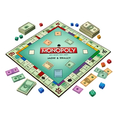 A photorealistic icon featuring a Monopoly board with property spaces, colorful game tokens, dice, and stacks of money. The design includes detailed textures of the board, cards, and tokens, capturing the essence of the Monopoly game. Transparent background, symbolizing Monopoly and board games. sticker