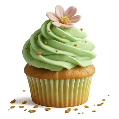 Change the icing to pistachio (light green), keep the realistic cupcake and accessories, photorealistic style, transparent background. Maintain the photorealistic look and details of the cupcake and accessories with a light green pistachio icing. Remove the background to make it transparent. sticker