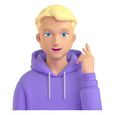 blonde man with blue eyes, lilac hoodie, winking sticker