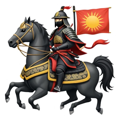 clash-of-clans-aesthetic_-cinematic-fearsome-and-majestic-samurai-bust-portrait-emoji, rendered in a flat, vector-style with minimal shading and bold, simplified shapes typical of emoji art, depicting a battle-hardened samurai with black mask and traditional black Japanese armor. The samurai is riding a noble grey warhorse adorned with an intricately designed saddle and fluttering banners and a rising sun. a samurai riding on a  horse sticker