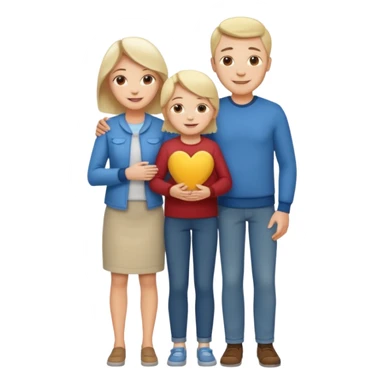 white family emoji: mother and father standing on each side of their child in the center, all smiling, warm expression, casual modern clothes sticker