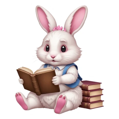 White rabbit sitting horizontally in a natural position on 4 legs, without a book.  There are 3 books nearby. books lie on top of each other  in brown tones

 sticker