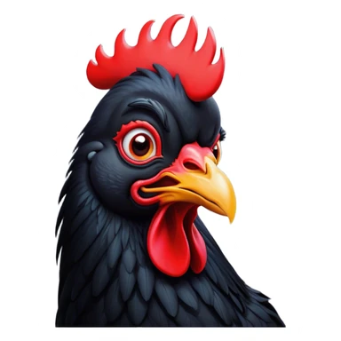 Cinematic Comical Black Rooster Portrait Emoji, Head tilted dramatically with an exaggeratedly shocked or amused expression, featuring a striking pure black plumage with a bold red comb, wide, expressive eyes filled with playful disbelief, Simplified yet hilariously expressive features, highly detailed, glowing with a slightly sassy glow, high shine, dramatic yet playful, stylized with an air of cheeky mischief, bright and endearing, soft glowing outline, capturing the essence of a spirited and over-the-top rooster, so meme-worthy it feels like it could crow its way into internet fame instantly! sticker