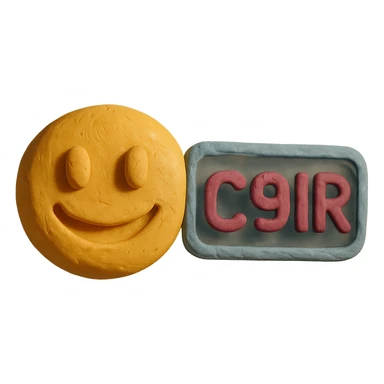 claymation style emoji with 'c9r' text, tactile playful tech badge sticker