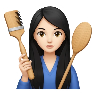 A white woman with long, straight black hair, holding a spray bottle in one hand and a wooden paddle hairbrush in the other. sticker