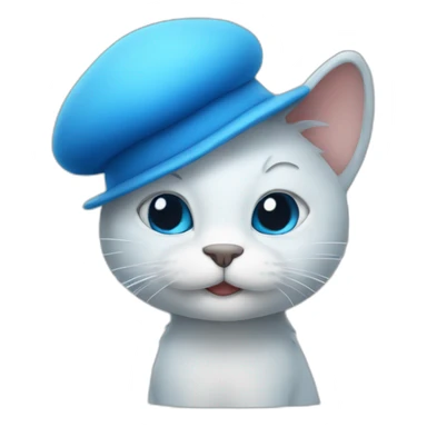 A blue cat that looks like a smurf with a white mushroom hat sticker