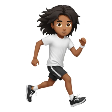 generate a pretty bratz brown skinned boy with black messy long hair wearing a white tshirt and black running shorts. running on the street with white sneakers sticker