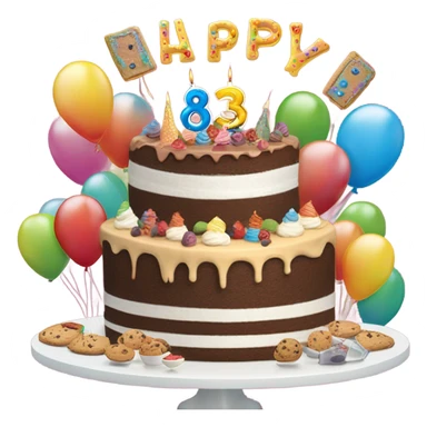 Put Happy 83rd Birthday! In the background With cake,balloons, wine glasses,cookies, ice cream sticker