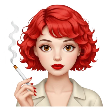 Alluring French girl french wavy textured bob haircut tousled hair red lips and cigarette sticker