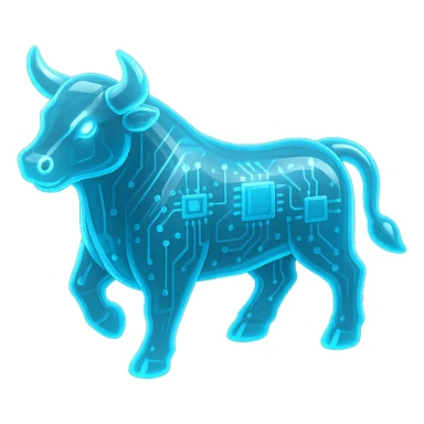 digital bull icon, blue LED glow, modern tech look, transparent background sticker