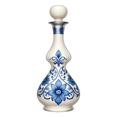 A sleek, tall, and elegant white bottle with intricate blue floral patterns, a curvy hourglass shape, and a reflective silver cap, reminiscent of fine ceramic craftsmanship and luxury tequila sticker